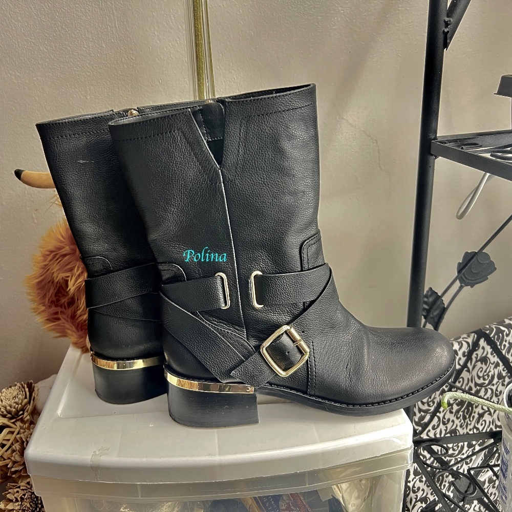 NEW Vince Camuto Wethima Black Moto Boots with Gold Accents Size 9.5